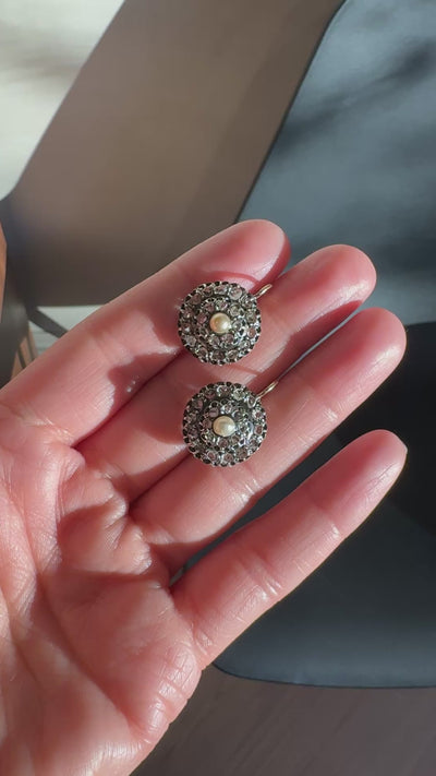 Antique Victorian 18K Gold and Silver Rose Cut Diamond and Pearl Drop Earrings