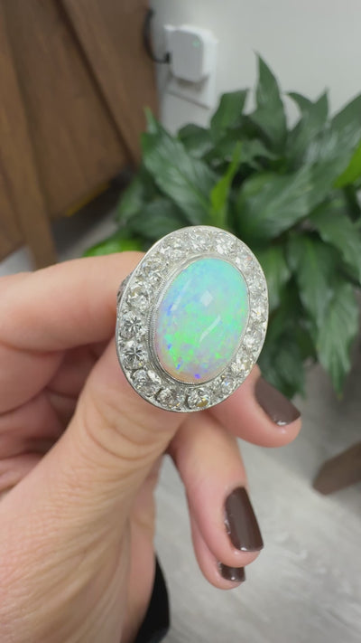 Antique Art Deco Platinum Opal and Old Euro Diamond Halo Cocktail Ring