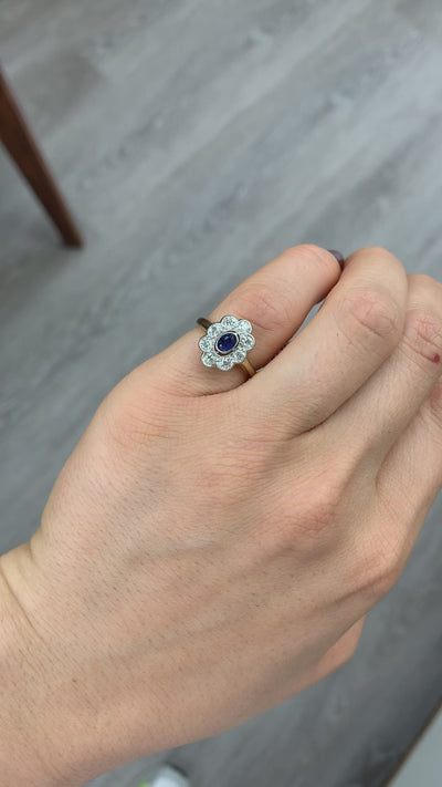 Antique Art Deco 14K Yellow Gold and Platinum Old Euro Diamond and Sapphire Ring
