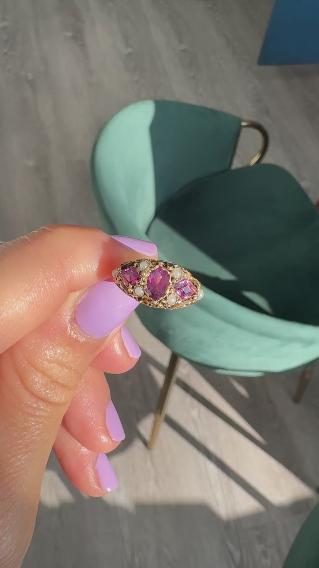 Antique Victorian English 15K Yellow Gold Rhodolite Garnet Pearl Engraved Ring