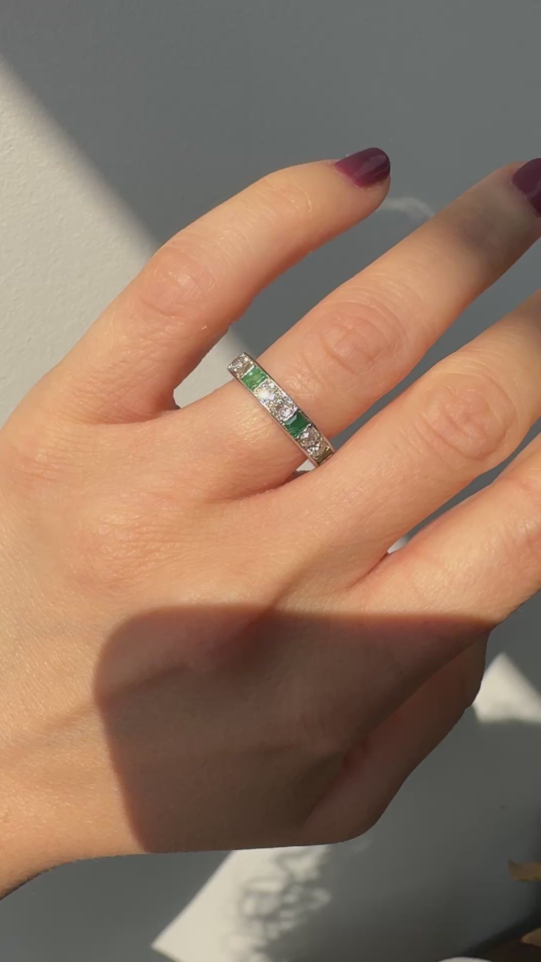 Antique Art Deco Platinum Old Mine Diamond and Emerald Eternity Wedding Band