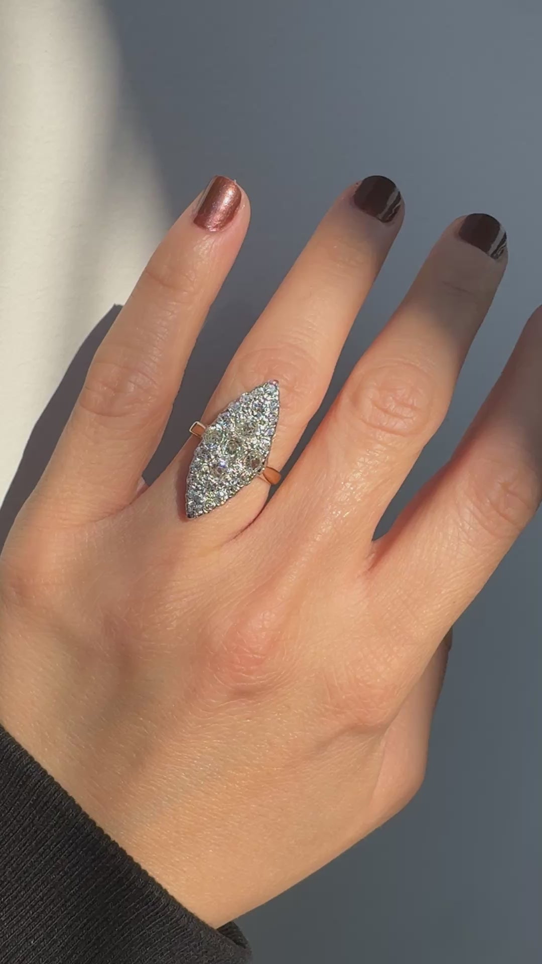Antique Edwardian 18K Gold and Platinum Old Mine Diamond Navette Cocktail Ring