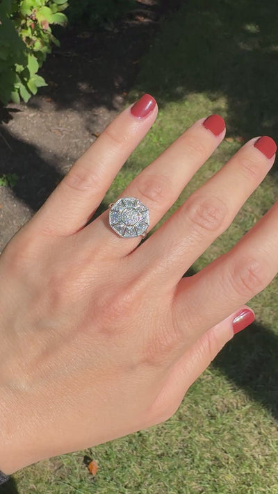 Antique Art Deco 14K White Gold Platinum Old Euro Diamond Octagon Cluster Ring