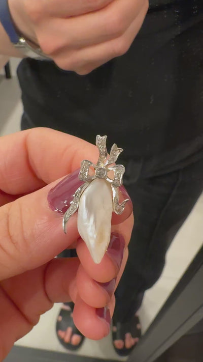 Antique Edwardian 18K Gold Platinum Natural River Pearl and Diamond Pin Pendant