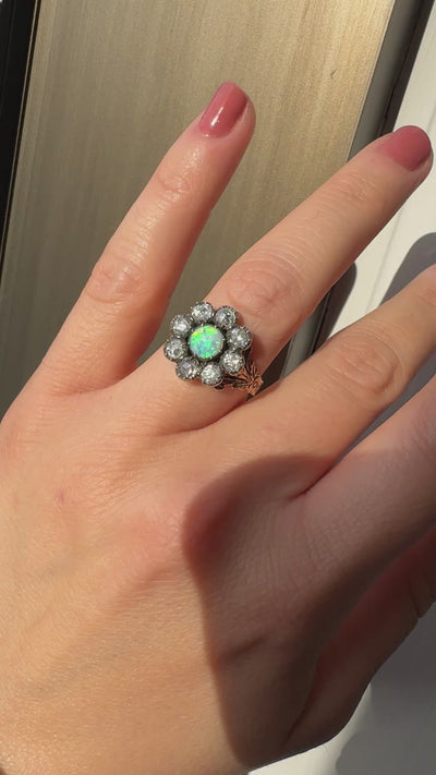 Antique Victorian 18K Gold and Silver Rose Cut Diamond and Opal Engagement Ring