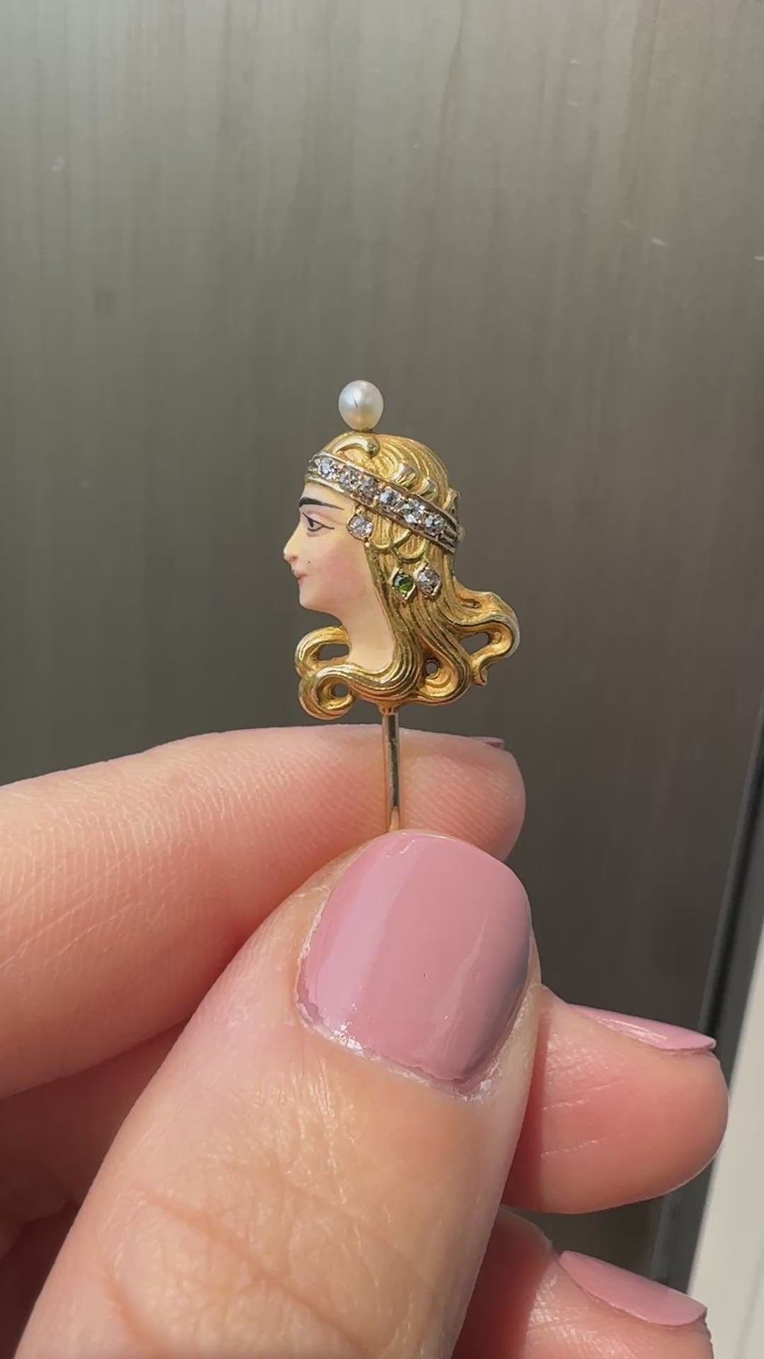 Antique Art Nouveau 14K Yellow Gold Enamel Diamond and Pearl Lady Stick Pin