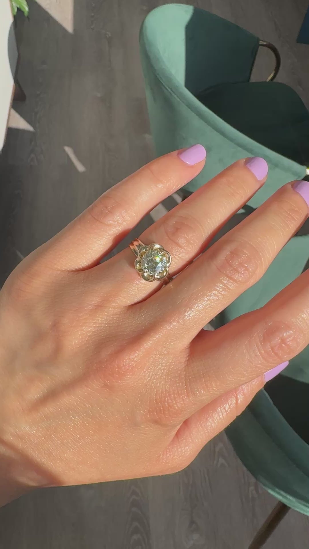 Vintage Estate 14K Yellow Gold Old Euro Cut Diamond Floral Engagement Ring - GIA