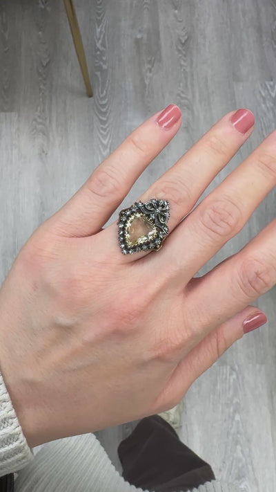 Antique Victorian 18K Gold and Silver Heart Shaped Citrine Diamond Cocktail Ring