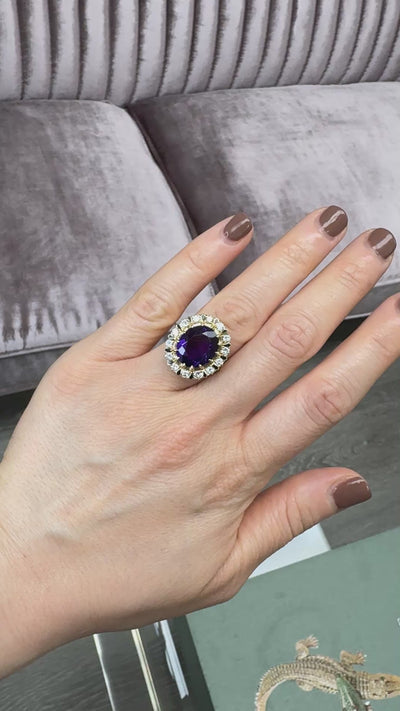 Vintage Estate Victorian Revival Amethyst Diamond and Enamel Cocktail Ring