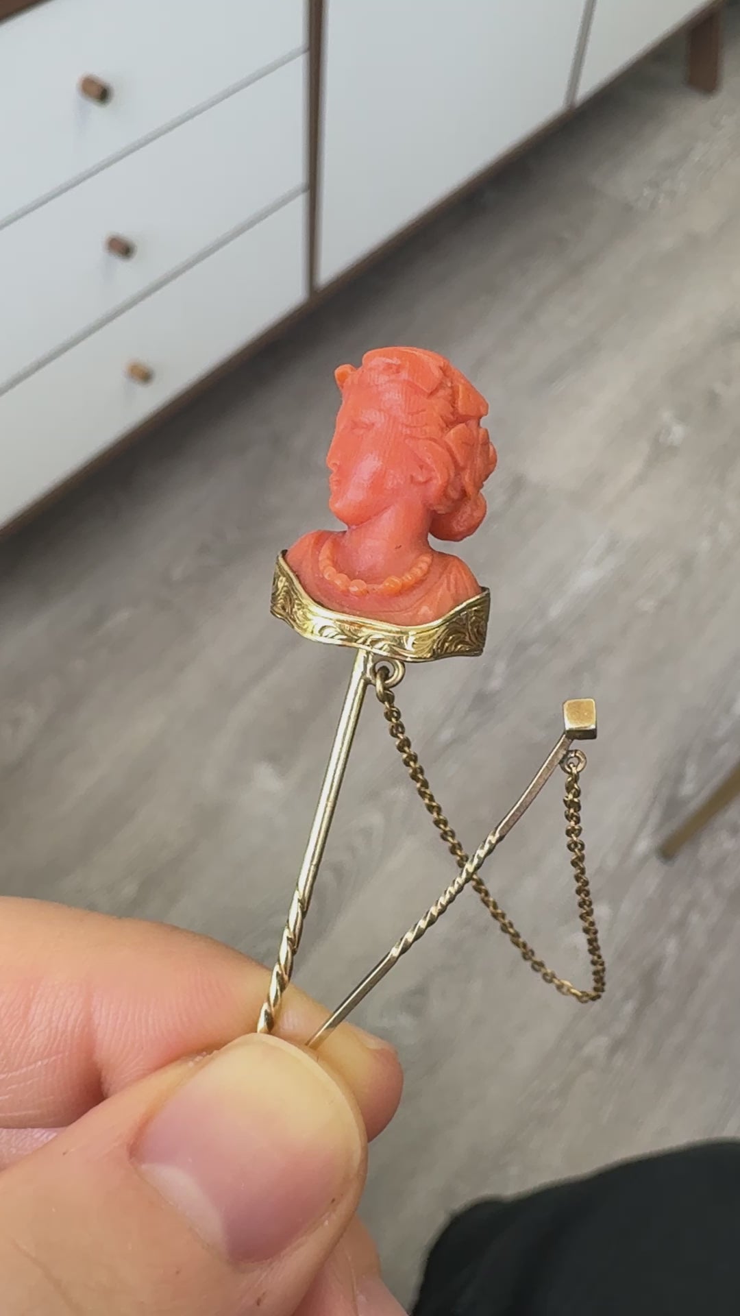 Antique Victorian 14K Yellow Gold Carved Coral Lady Stick Pin