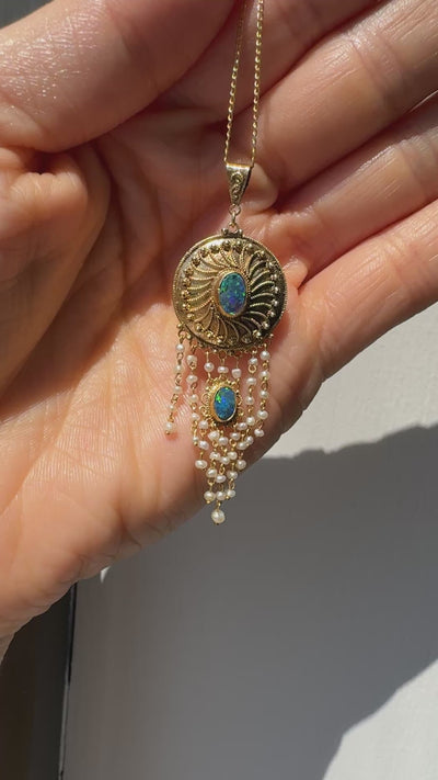 Antique Arts & Crafts 14K Yellow Gold Opal and Seed Pearl Drop Pendant Necklace