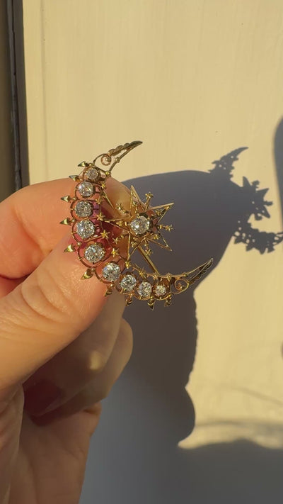 Antique Victorian 18K Yellow Gold Old Mine Diamond Celestial Crescent Pin Brooch