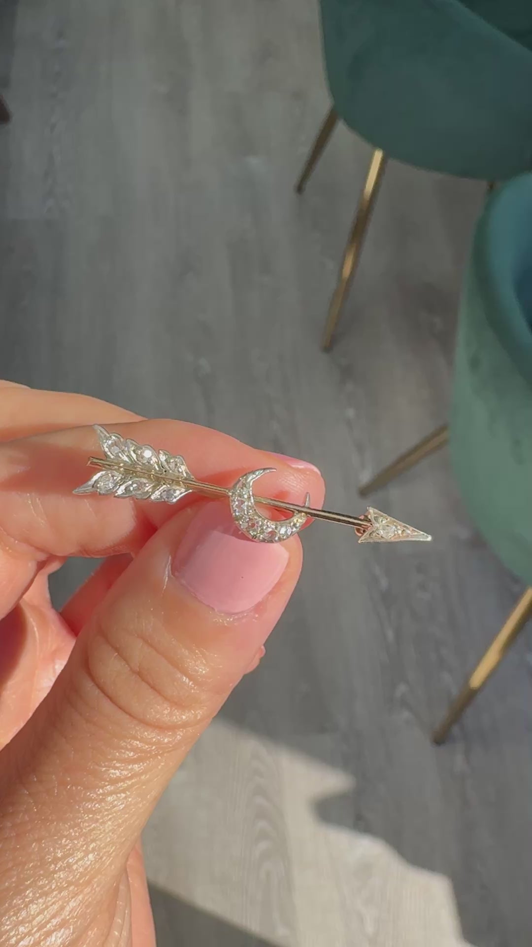 Antique Victorian 14K Gold and Silver Diamond Arrow and Crescent Pin Brooch