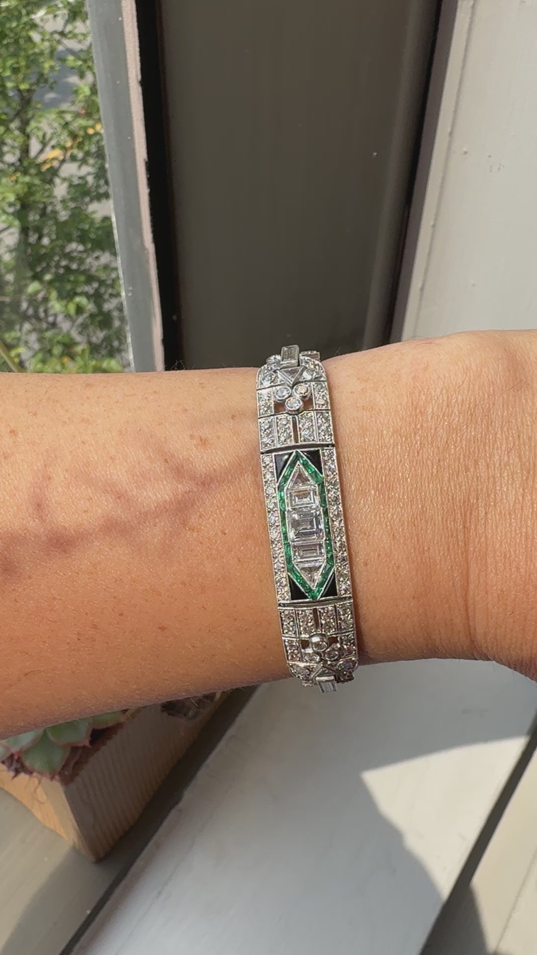 Antique Art Deco Platinum Old Carre Cut Diamond Emerald Onyx Bracelet