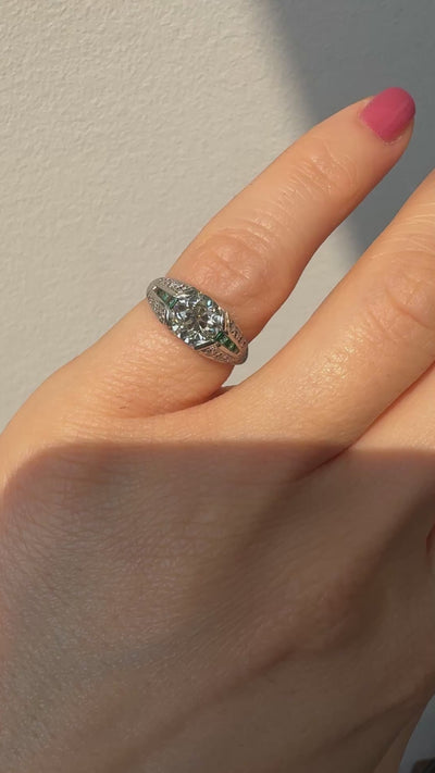 Antique Art Deco Platinum Old Euro Diamond and Emerald Engagement Ring - GIA