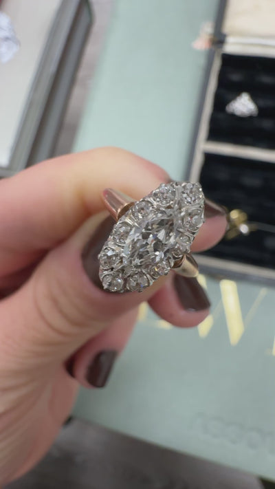 Antique Edwardian French 18K Rose Gold Platinum Old Euro Marquise Engagement Ring