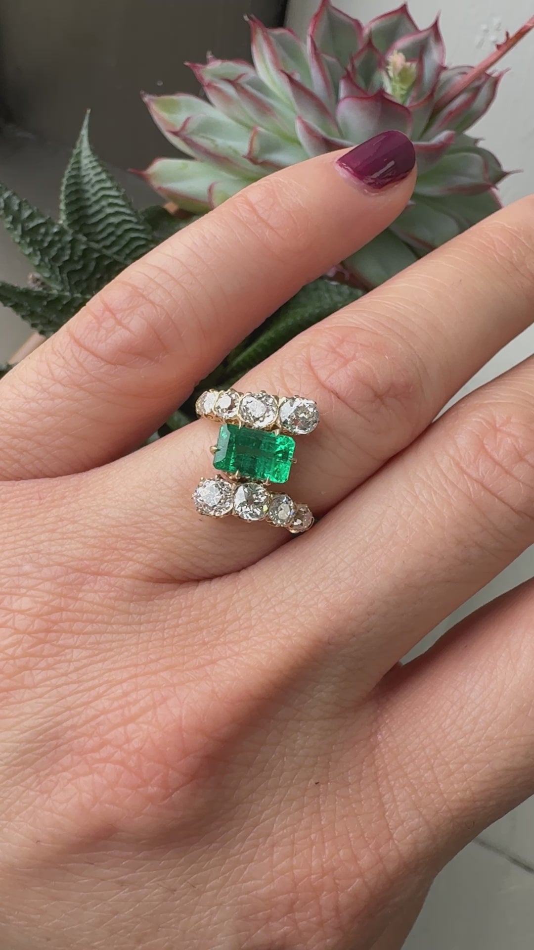 Antique Victorian 18K Rose Gold Old Mine Diamond Emerald Engagement Ring - GIA