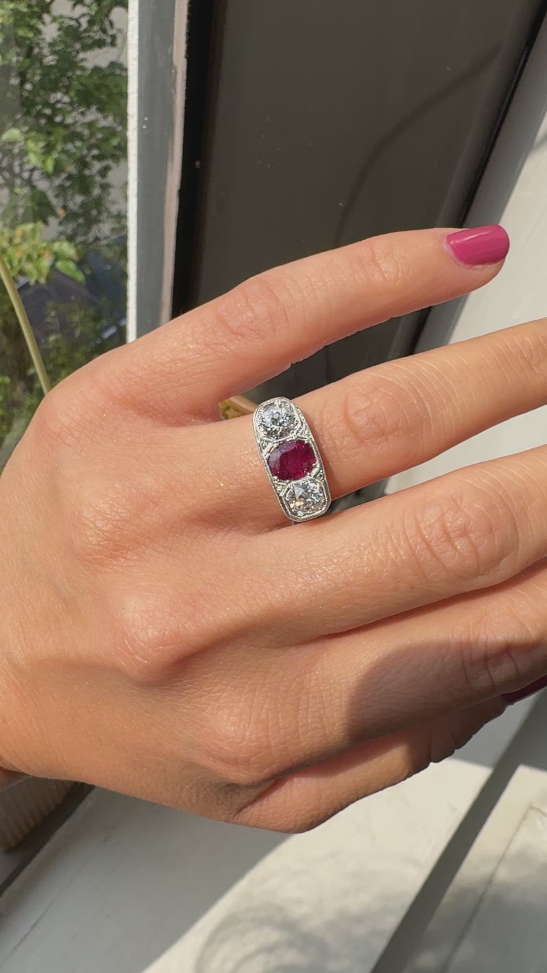 Antique Edwardian Platinum Old Euro Diamond and No Heat Ruby Three Stone Ring