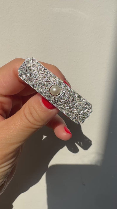 Estate Art Deco Revival 18K White Gold Rose Cut Diamond and Pearl Pin