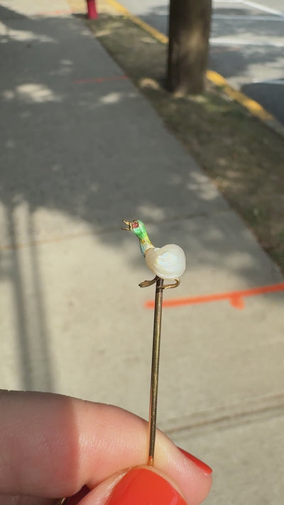 Antique Victorian 14K Yellow Gold Enamel and Pearl Duck Stick Pin