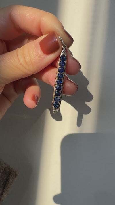 Antique Victorian 18K Yellow Gold and Silver Sapphire and Diamond Bar Pendant