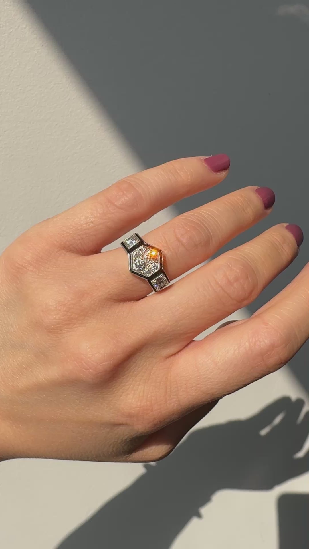 Antique Art Deco Platinum Old Euro Diamond Enamel Three Stone Cluster Ring