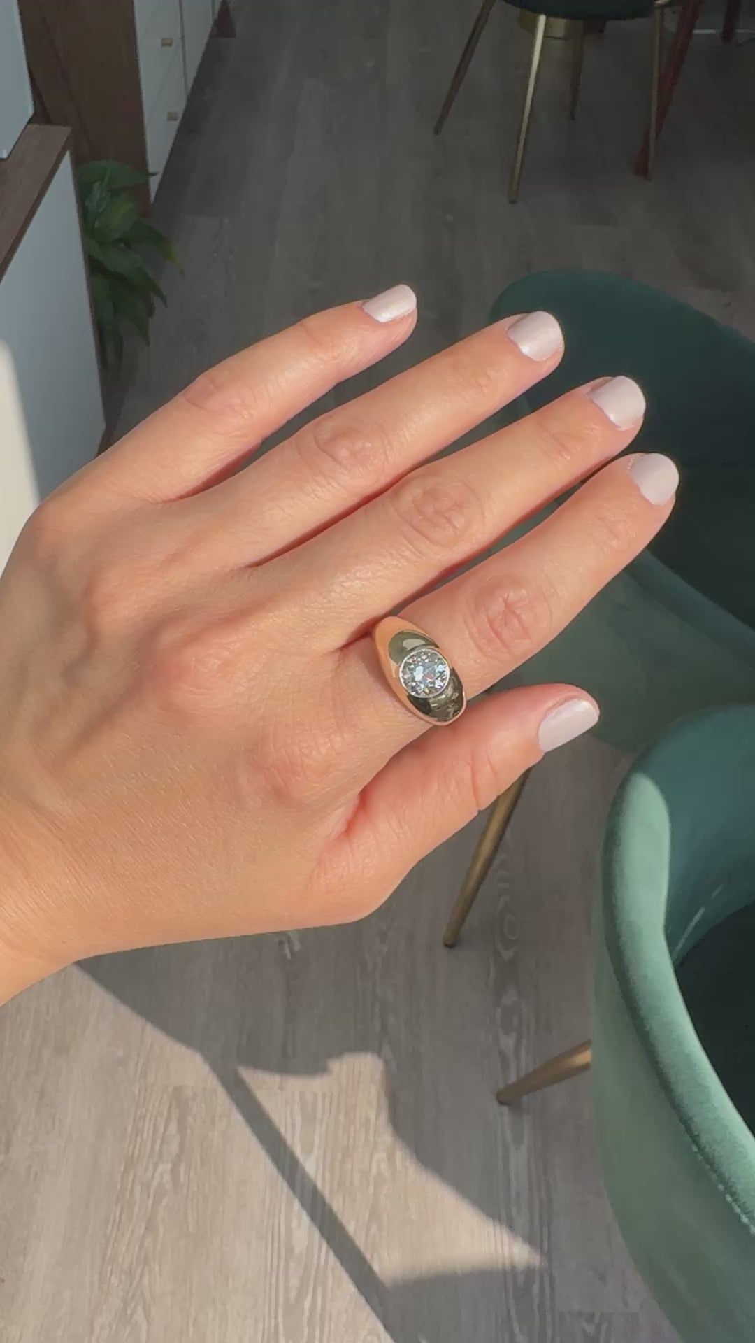 Vintage Retro 14K Yellow Gold Old Cut Diamond Flush Set Engagement Ring - GIA
