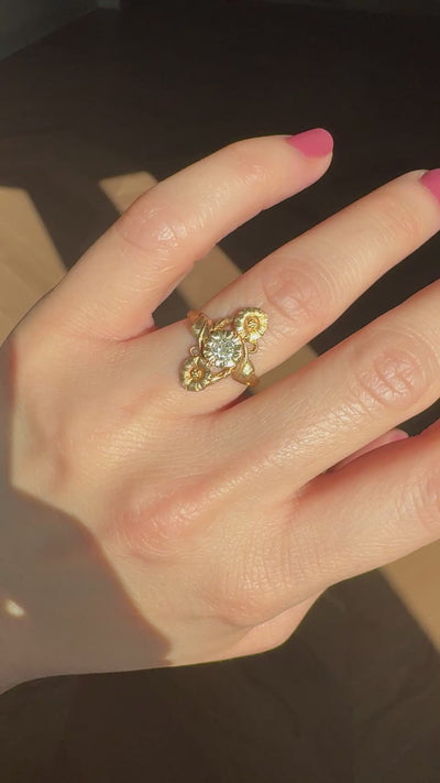 Antique French Art Nouveau 18K Yellow Gold Old Mine Diamond Floral Ring