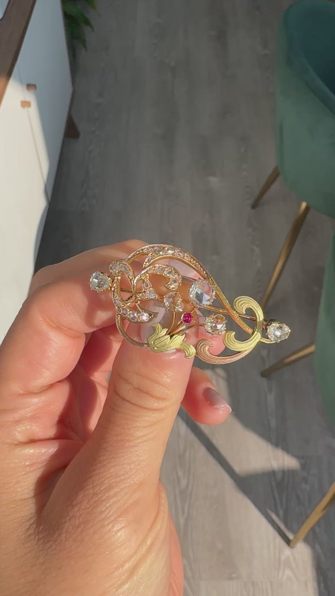 Antique Art Nouveau 14K Yellow Gold Rose Cut Diamond and Ruby Floral Pin Brooch