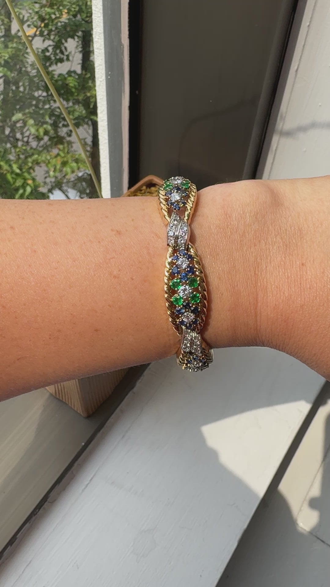 Vintage Retro French 18K Yellow Gold Platinum Diamond Sapphire Emerald Bracelet