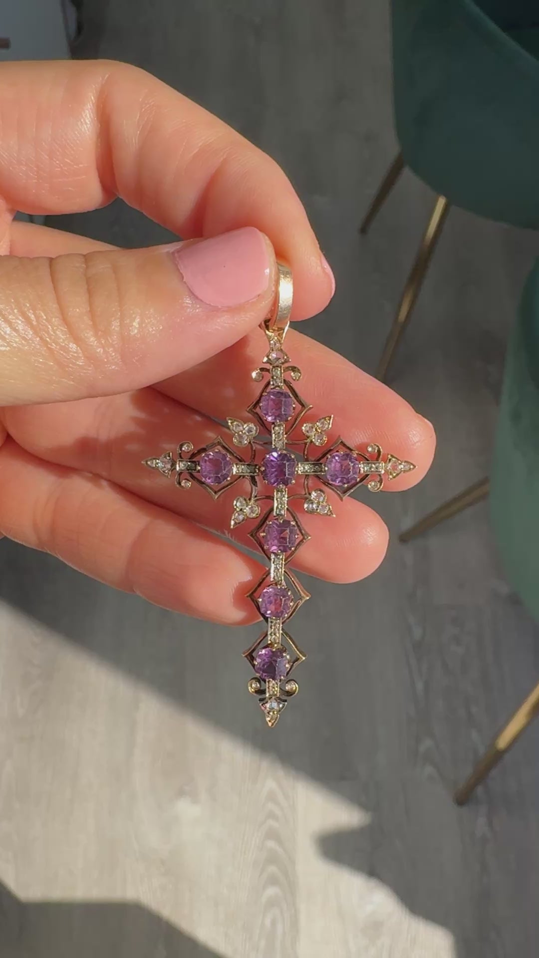 Antique Victorian 18K/14K Yellow Gold Old Cut Diamond and Amethyst Cross Pendant