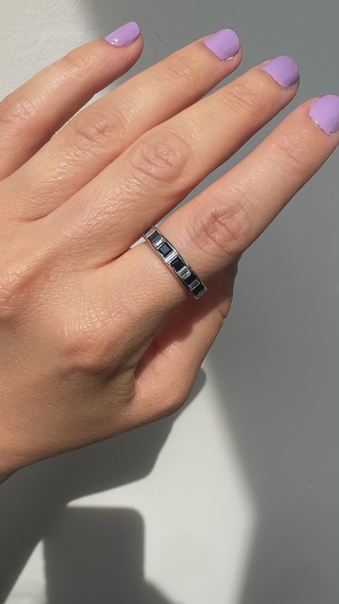 Estate 18K White Gold Baguette Diamond and Sapphire Wedding Band Ring