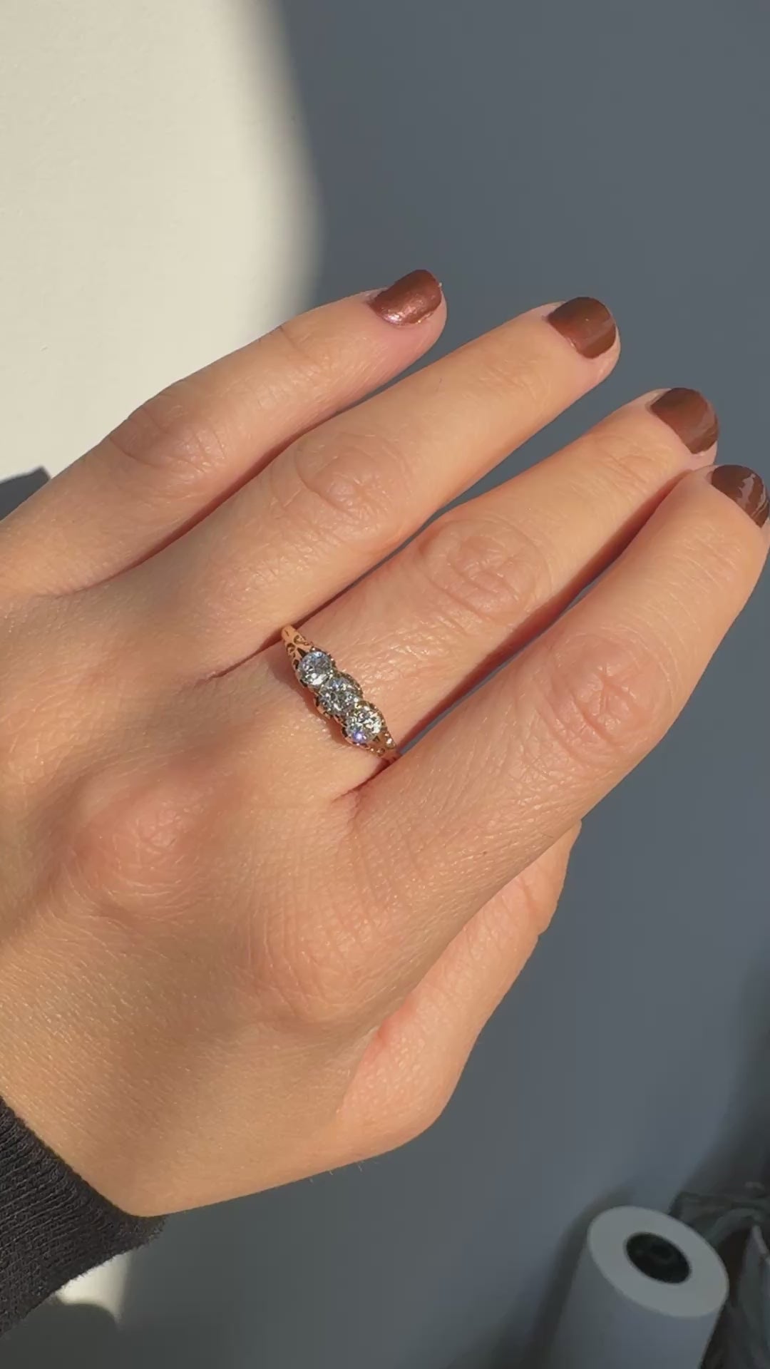 Antique Victorian 14K Yellow Gold Old Cut Diamond Three Stone Engraved Ring
