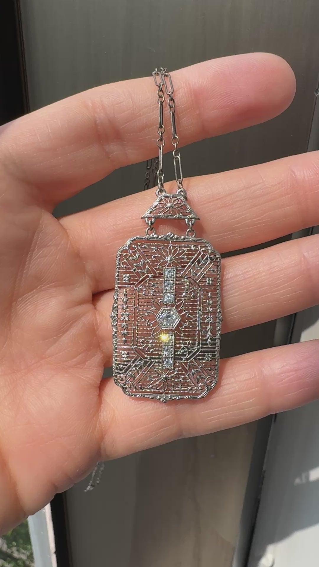 Antique Art Deco 14K White Gold Old Euro Diamond Filigree Pendant Necklace