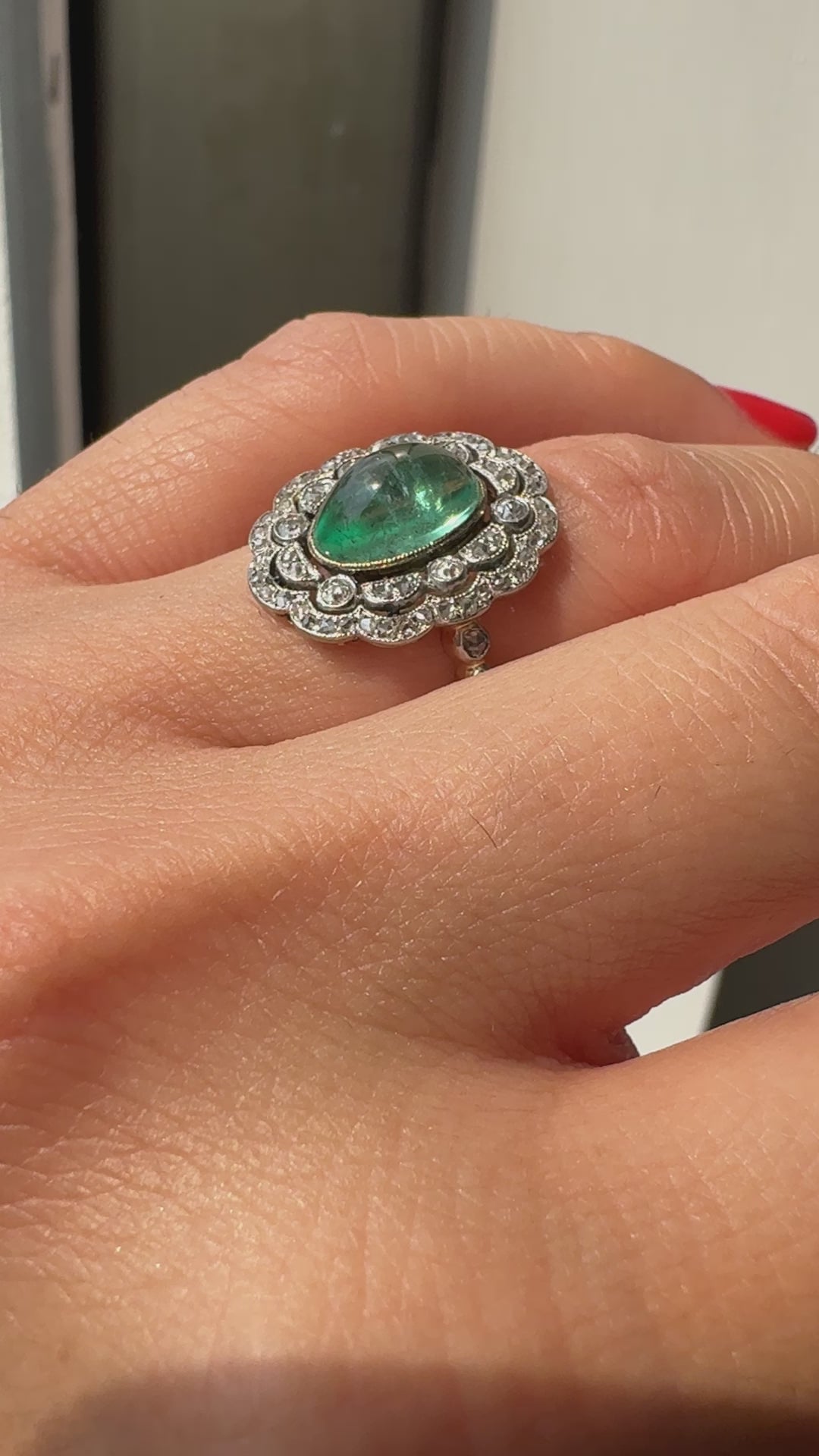 Antique French Edwardian 18K Gold Platinum Diamond Cabochon Emerald Ring - GIA