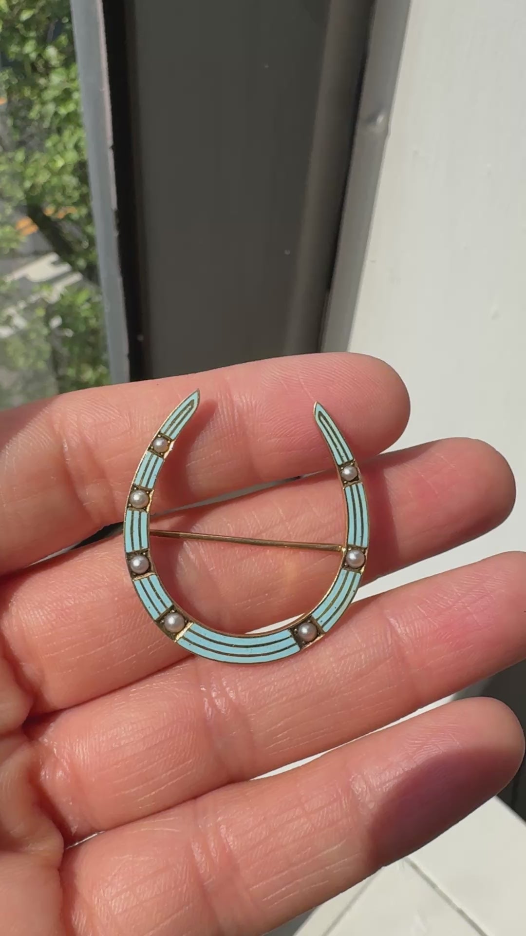Antique Art Deco 14K Yellow Gold Baby Blue Enamel and Pearl Horseshoe Pin