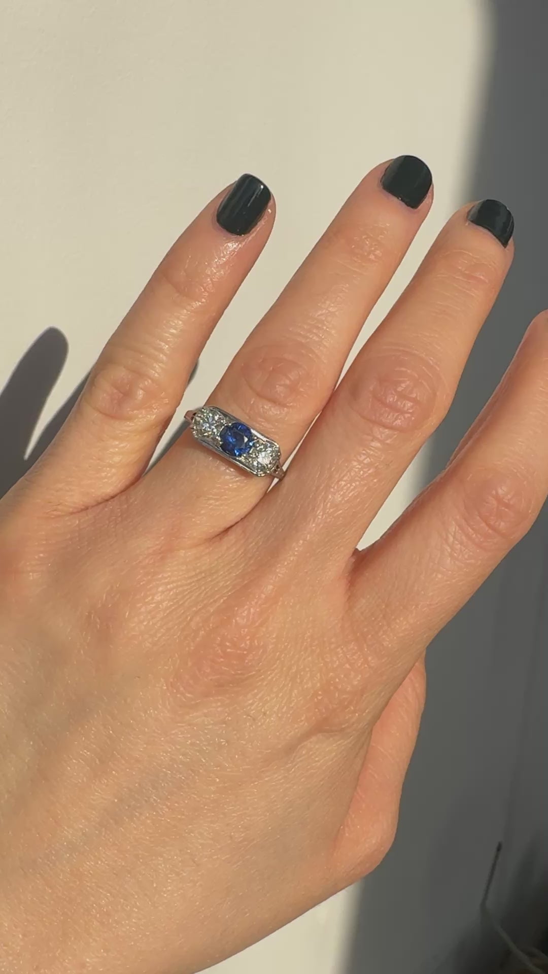 Antique Art Deco 18K White Gold Old Euro Diamond Sapphire Three Stone Ring - GIA