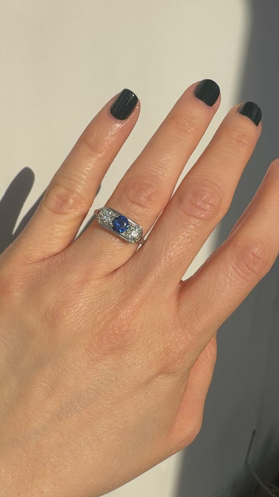 Antique Art Deco 18K White Gold Old Euro Diamond Sapphire Three Stone Ring - GIA