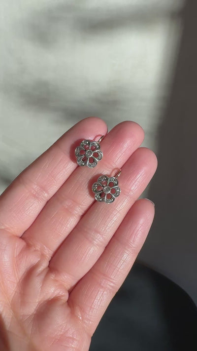 Antique Victorian 18K Yellow Gold and Silver Rose Cut Diamond Floral Earrings