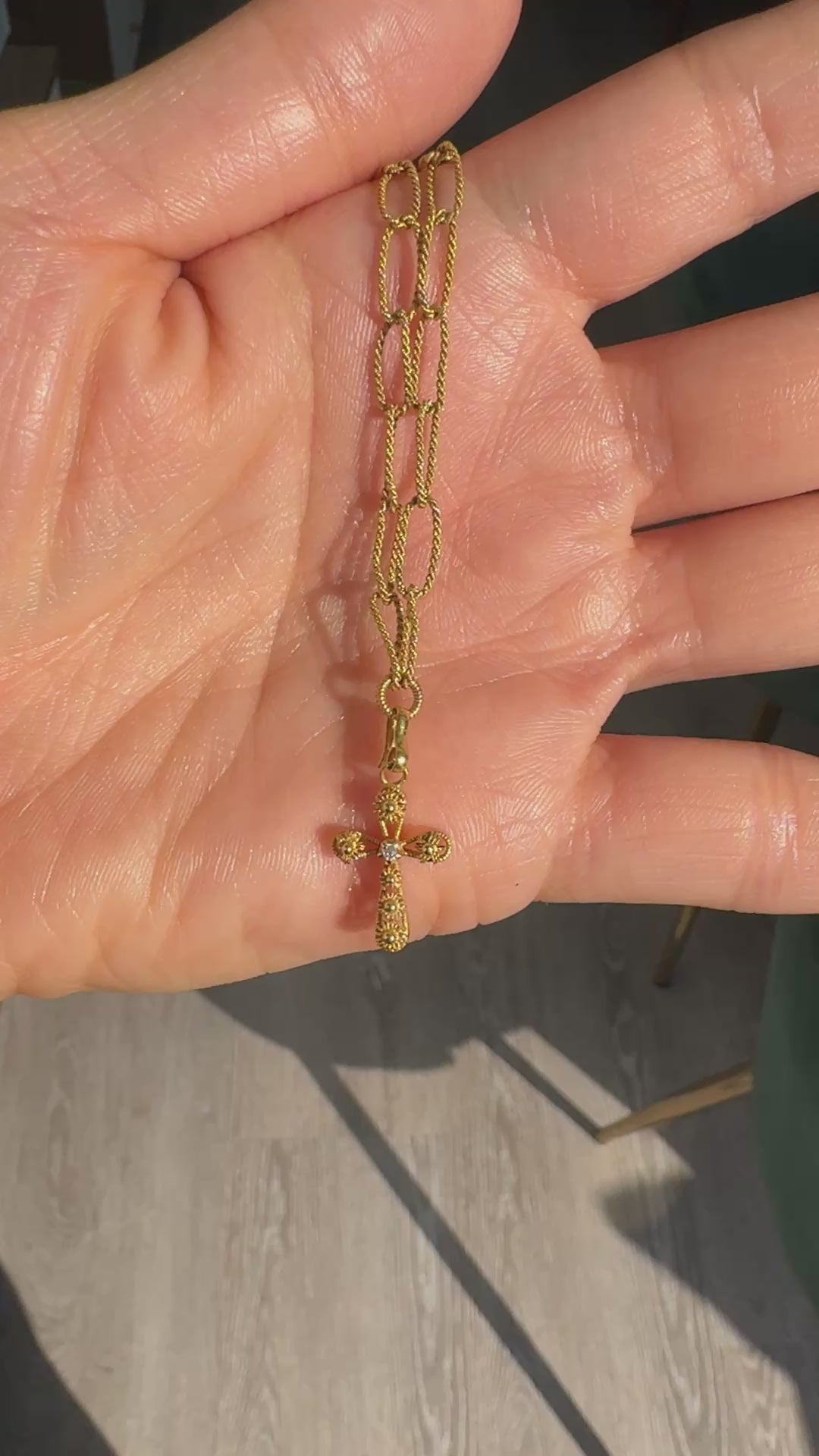 Antique Victorian 14K Yellow Gold Old Cut Diamond Cross Pendant Necklace