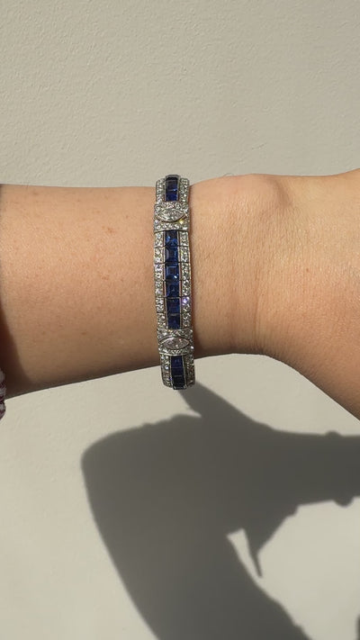 Antique Art Deco Platinum Old Euro Diamond Marquise Sapphire Bracelet - GIA