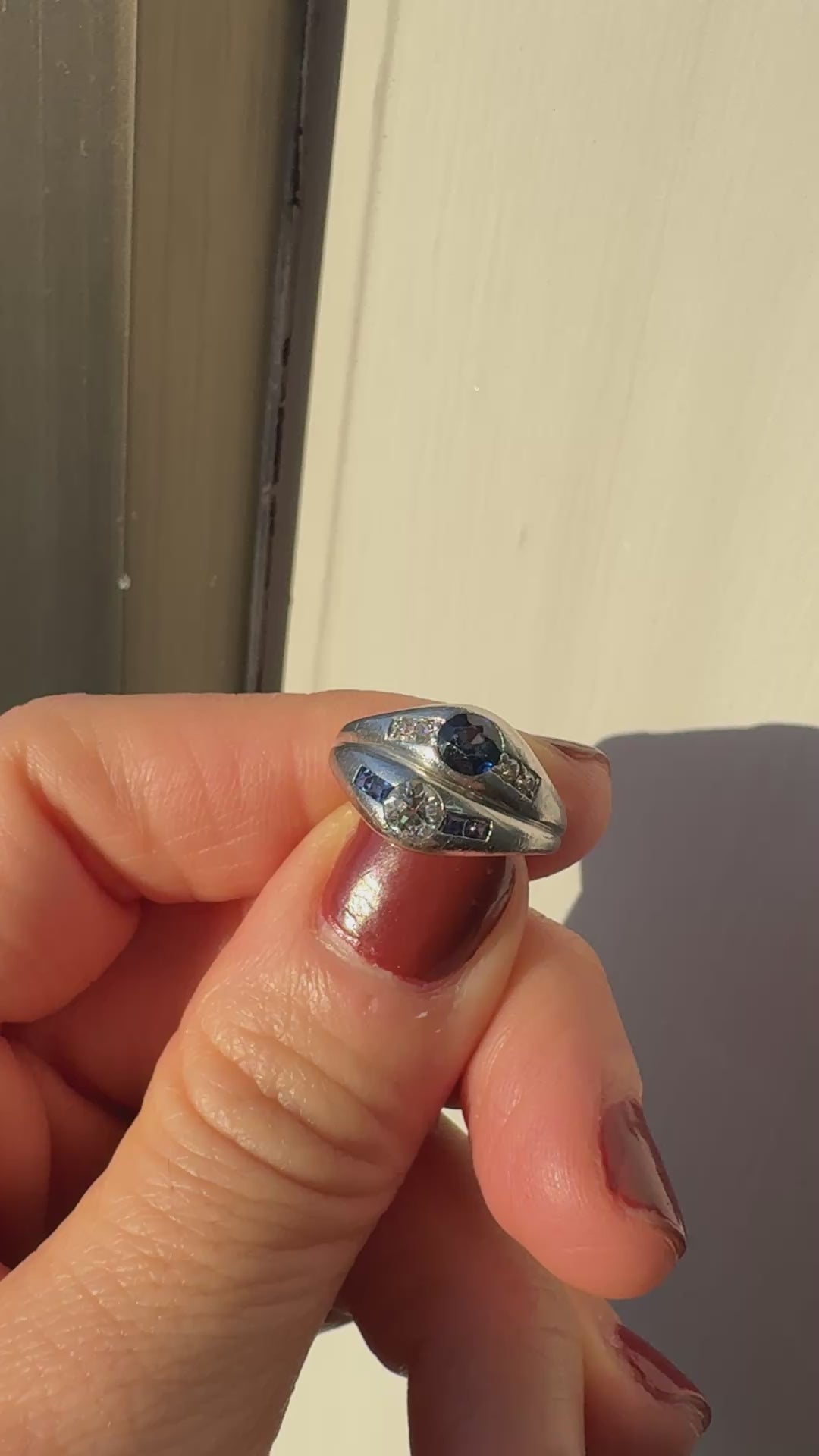 Antique Art Deco Platinum Old Euro Diamond and Sapphire Double Ring