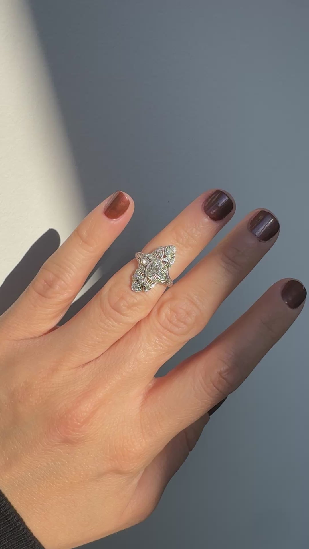 Antique Edwardian Platinum Old Cut Diamond Filigree Shield Cocktail Ring - GIA