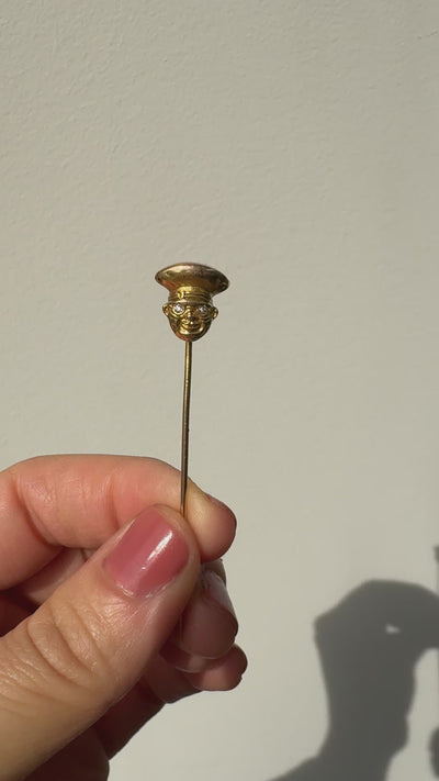 Antique Art Deco 14K Yellow Gold Diamond Eyed Face Stick Pin