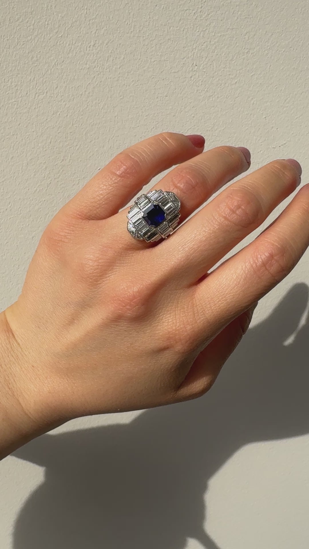 Vintage Art Deco Platinum Baguette Diamond and Sapphire Cocktail Ring - GIA