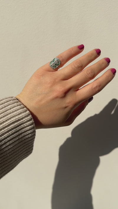 Antique Art Deco Cartier Old Baguette Diamond and Emerald Cocktail Ring