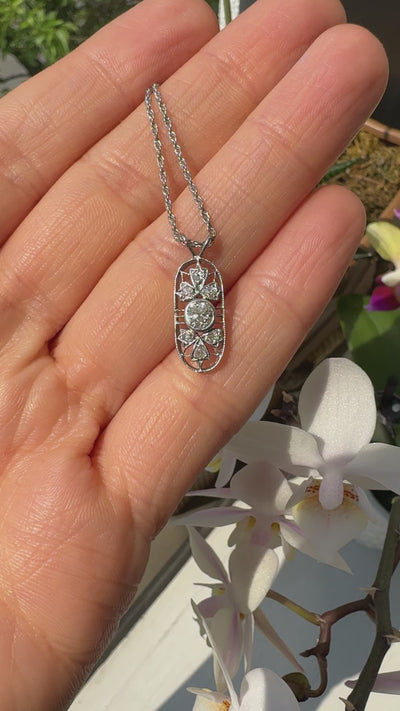 Antique Art Deco Platinum and White Gold Old Mine Diamond Filigree Pendant