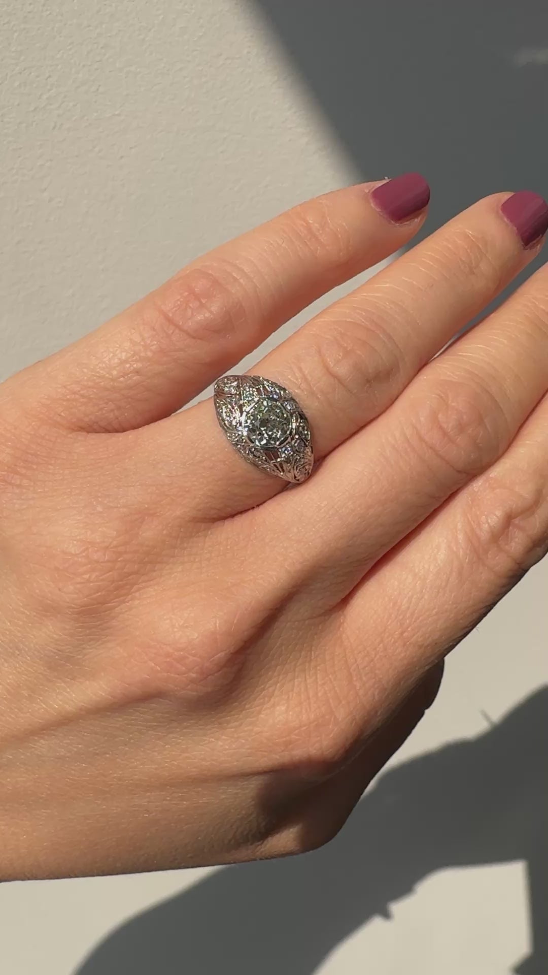 Antique Art Deco Platinum Old European Diamond Floral Engagement Ring - GIA