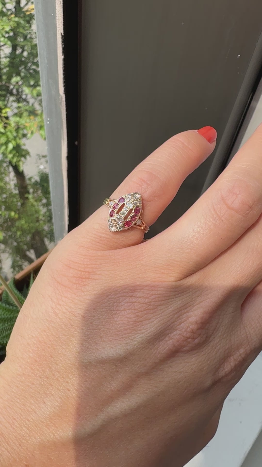 Antique Victorian 18K Rose Gold Old Cut Diamond and Ruby Navette Ring