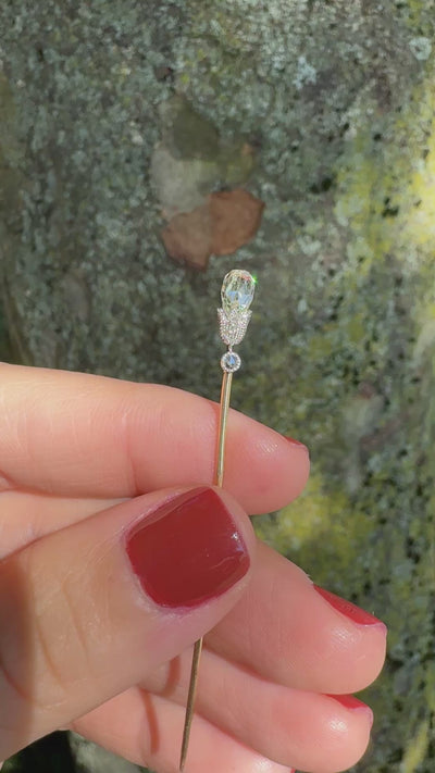 Antique Victorian 14K Yellow Gold and Silver Diamond Briolette Torch Stick Pin